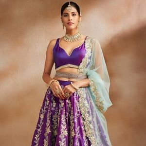 Lashkaraa Purple & Mint Embroidered Silk Lehenga